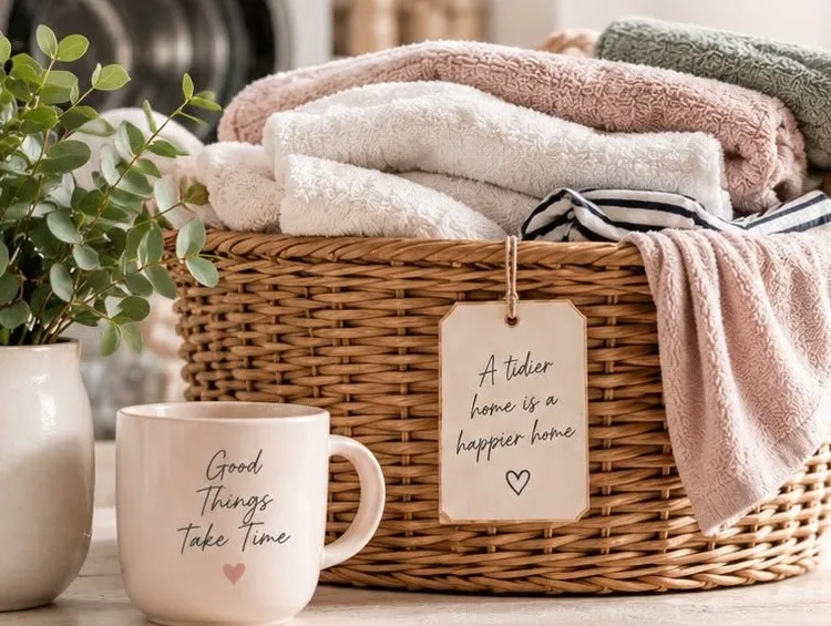 A basket of freshly folded laundry with a Laundryletti tag, in a warm, bright home